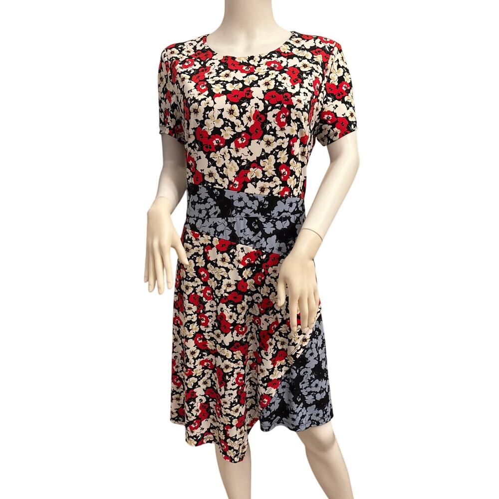 Maggy London Blue and Red Floral Asymmetric Short Sleeve Dress Size 14